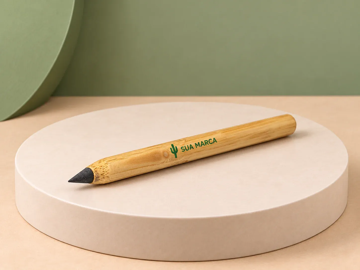 Lápis infinito bambu, com exemplo de personalização colorida: um cacto e o texto “SUA MARCA” impressos em cor