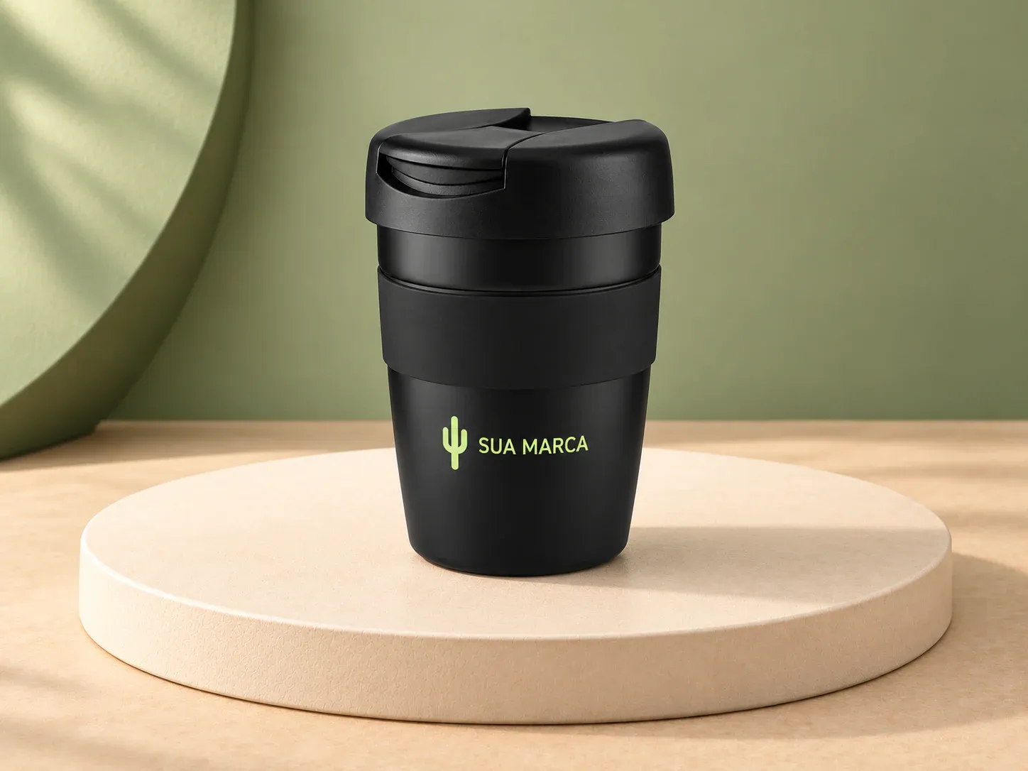 Copo inox parede dupla 350 ml, com exemplo de personalização colorida: um cacto e o texto “SUA MARCA” impressos em cor