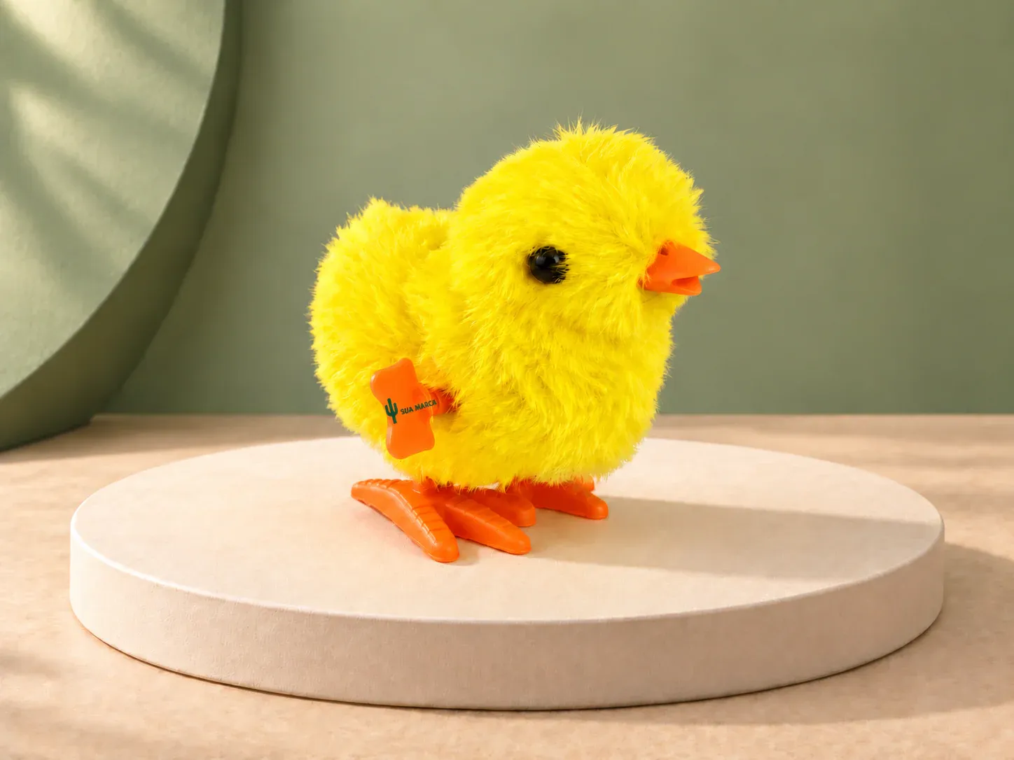 Pintinho articulado de brinquedo, com exemplo de personalização colorida: um cacto e o texto “SUA MARCA” impressos em cor