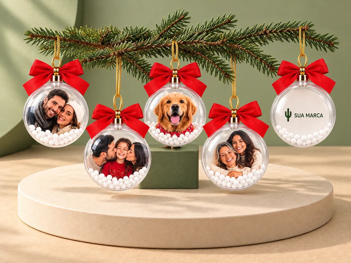 Bola de Natal transparente com foto, com exemplo de personalização colorida: um cacto e o texto “SUA MARCA” impressos em cor