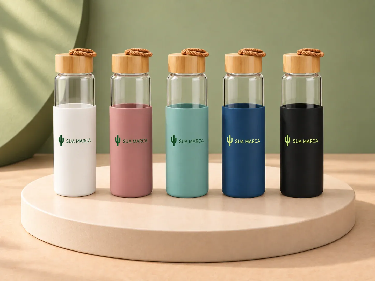 Garrafa de vidro 750 ml, com exemplo de personalização colorida: um cacto e o texto “SUA MARCA” impressos em cor