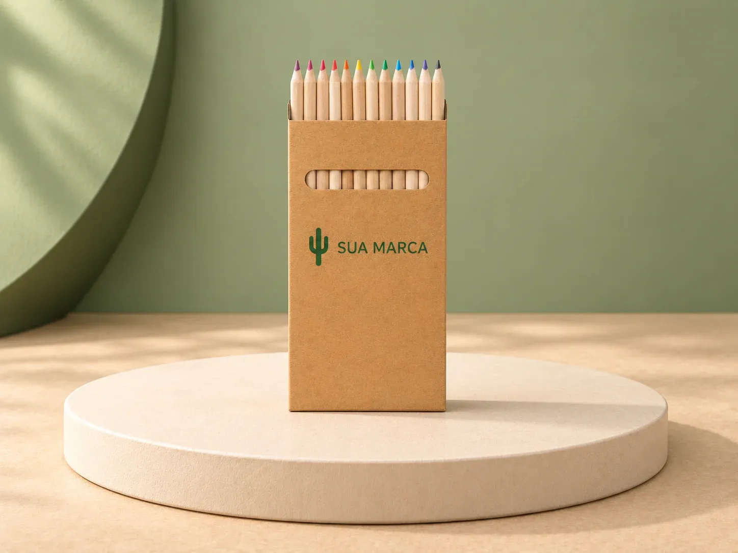 Caixa de cartão com 12 lápis de cor, com exemplo de personalização colorida: um cacto e o texto “SUA MARCA” impressos em cor
