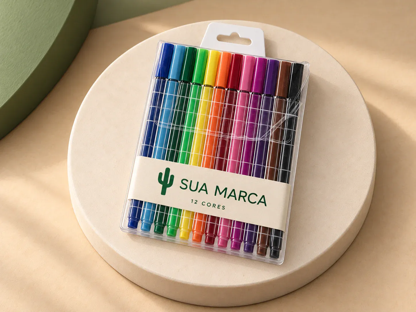 Kit canetinhas traço fino 12 cores, com exemplo de personalização colorida: um cacto e o texto “SUA MARCA” impressos em cor