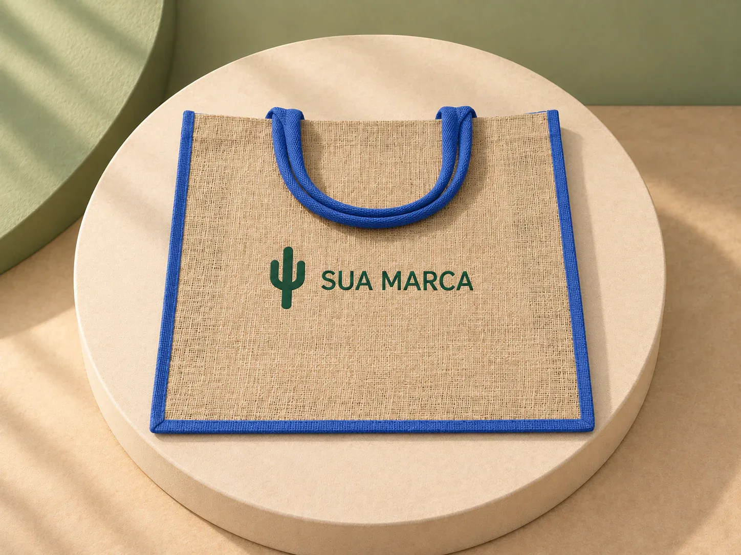 Sacola de juta ecológica, com exemplo de personalização colorida: um cacto e o texto “SUA MARCA” impressos em cor