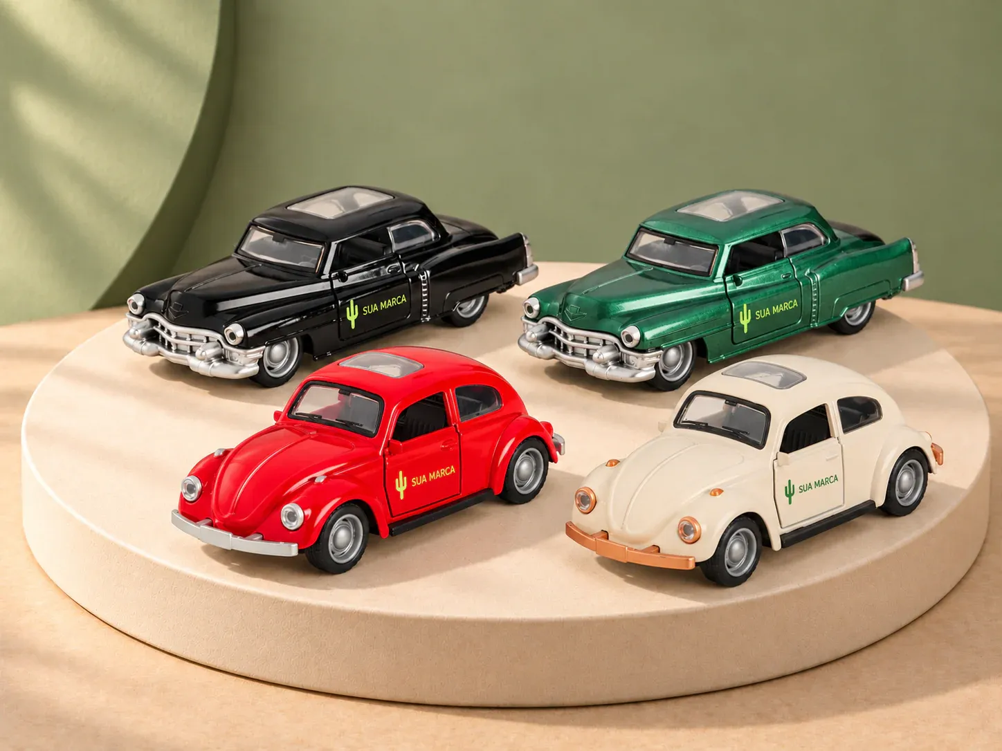 Carrinho de brinquedo em miniatura estilo vintage, com exemplo de personalização colorida: um cacto e o texto “SUA MARCA” impressos em cor
