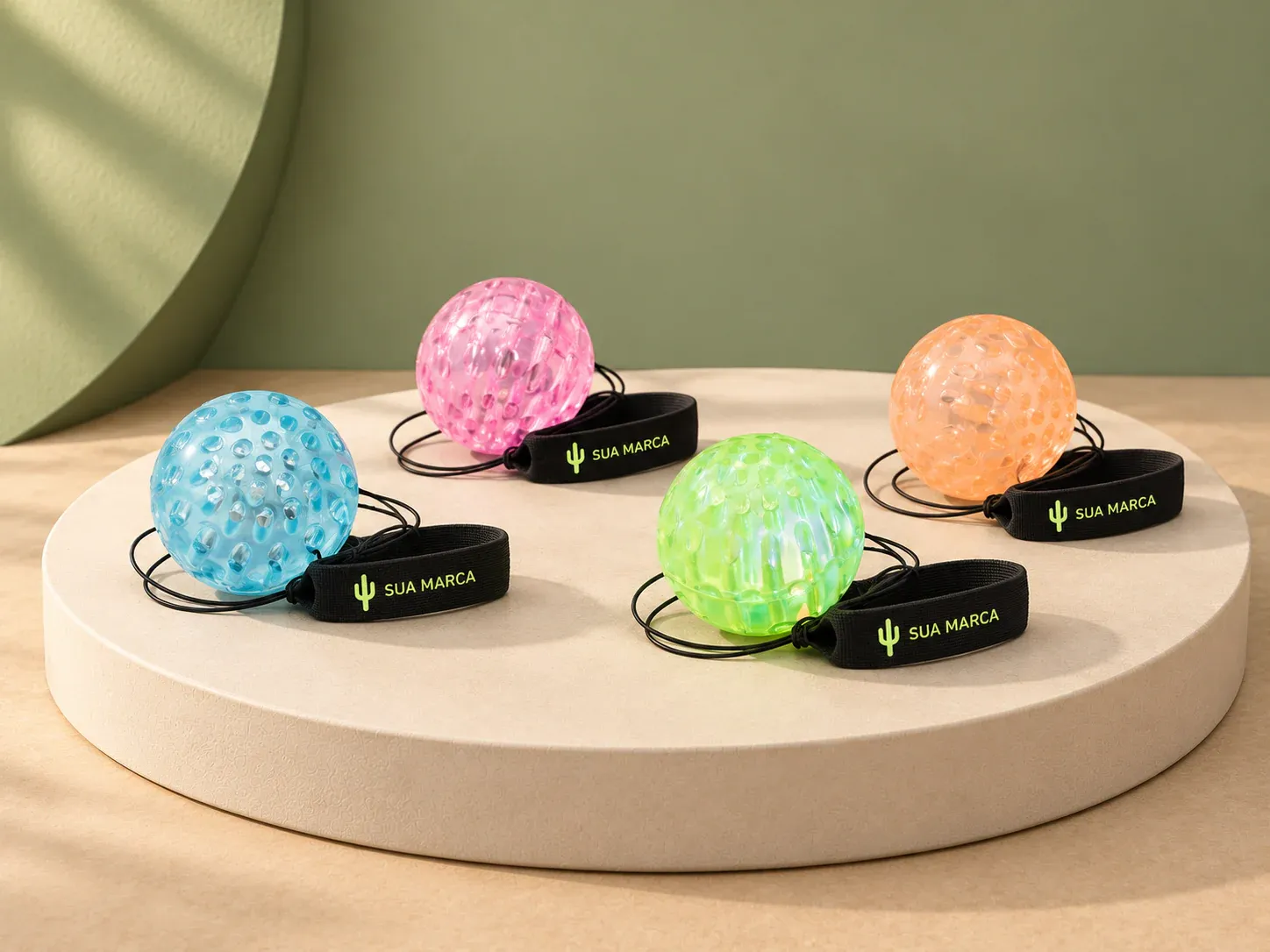 Bola com pulseira vai e vem, com exemplo de personalização colorida: um cacto e o texto “SUA MARCA” impressos em cor