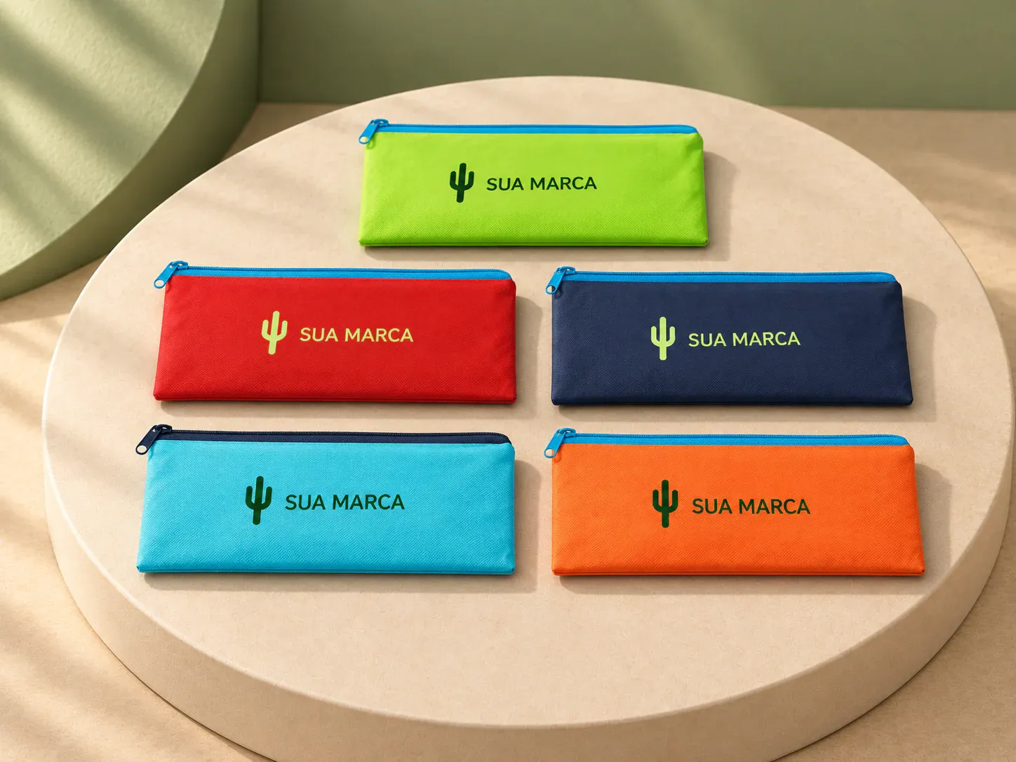 Bolsa em poliéster, com exemplo de personalização colorida: um cacto e o texto “SUA MARCA” impressos em cor
