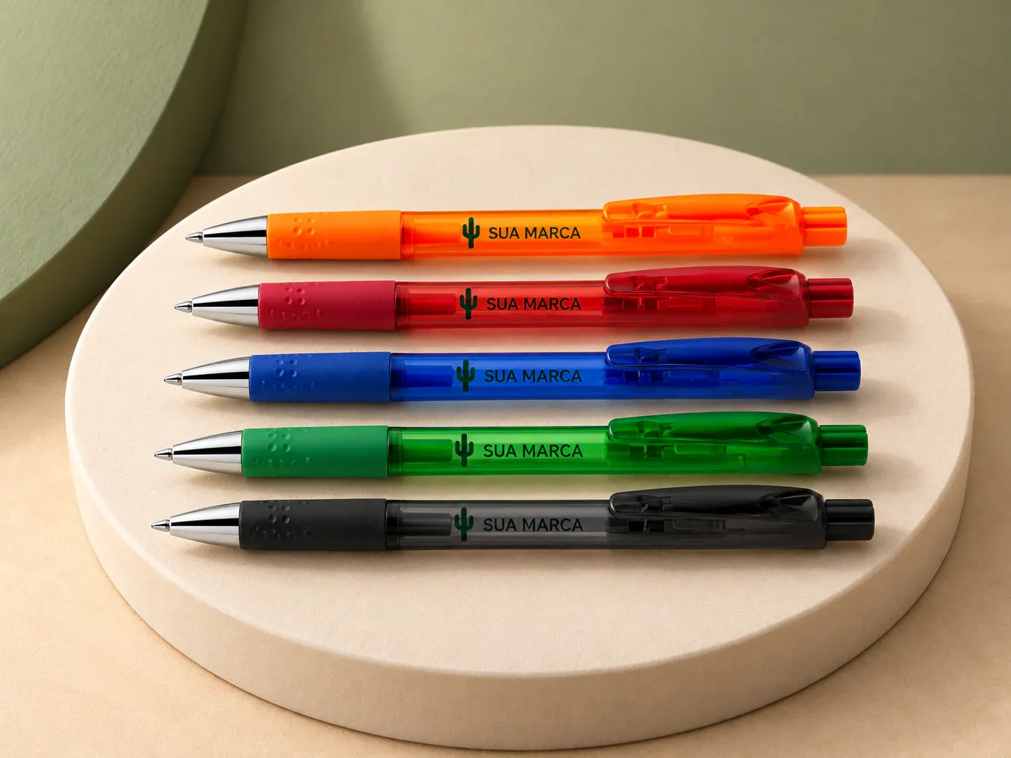 Caneta plástica com grip, com exemplo de personalização colorida: um cacto e o texto “SUA MARCA” impressos em cor