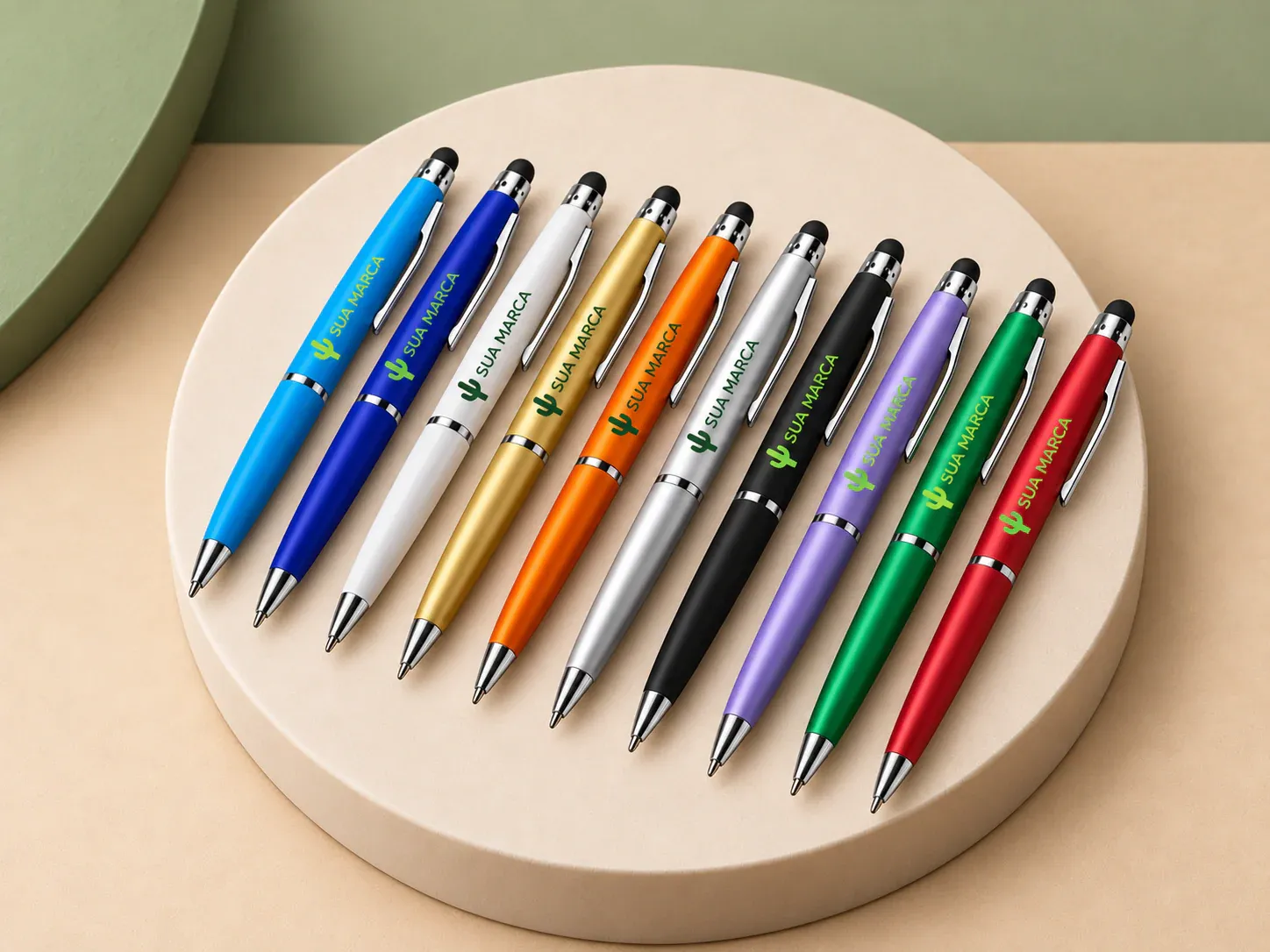 Caneta plástica touch, com exemplo de personalização colorida: um cacto e o texto “SUA MARCA” impressos em cor