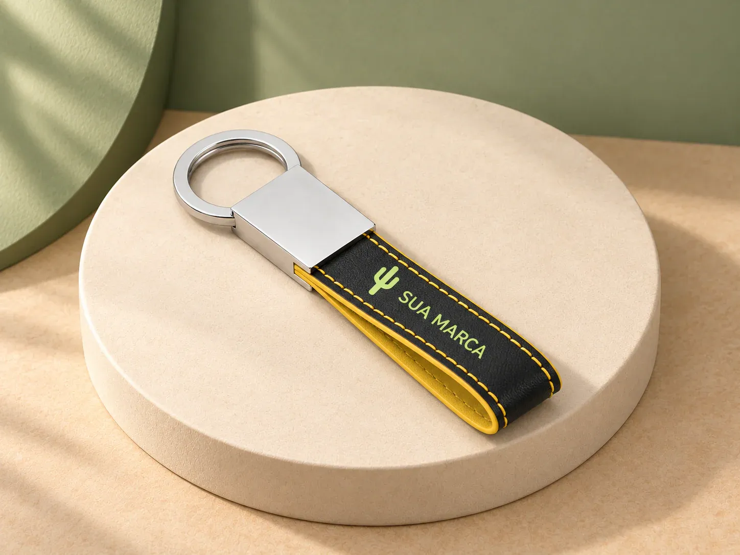 Chaveiro em couro sintético com detalhe Amarelo, com exemplo de personalização colorida: um cacto e o texto “SUA MARCA” impressos em cor