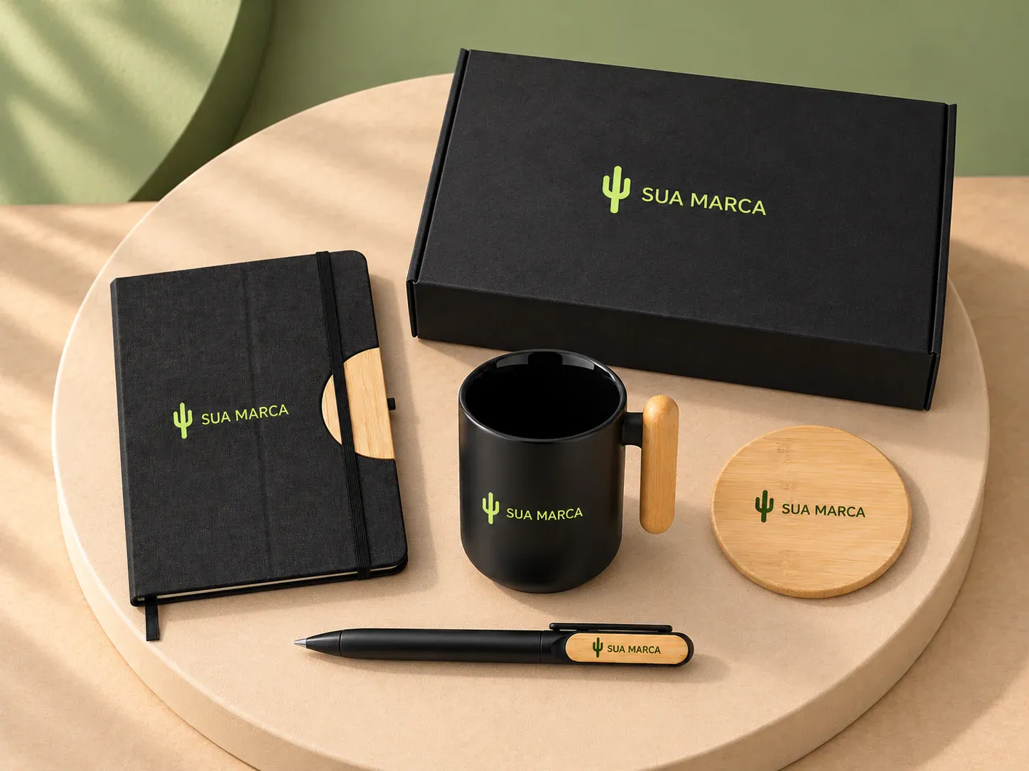 Kit escritório em RPET e bambu com caneca 550 ml, com exemplo de personalização colorida: um cacto e o texto “SUA MARCA” impressos em cor