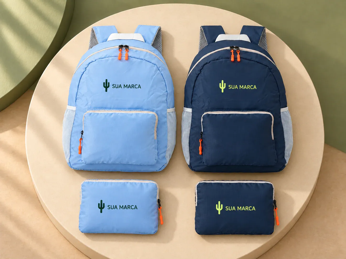 Mochila de nylon dobrável 24 L, com exemplo de personalização colorida: um cacto e o texto “SUA MARCA” impressos em cor