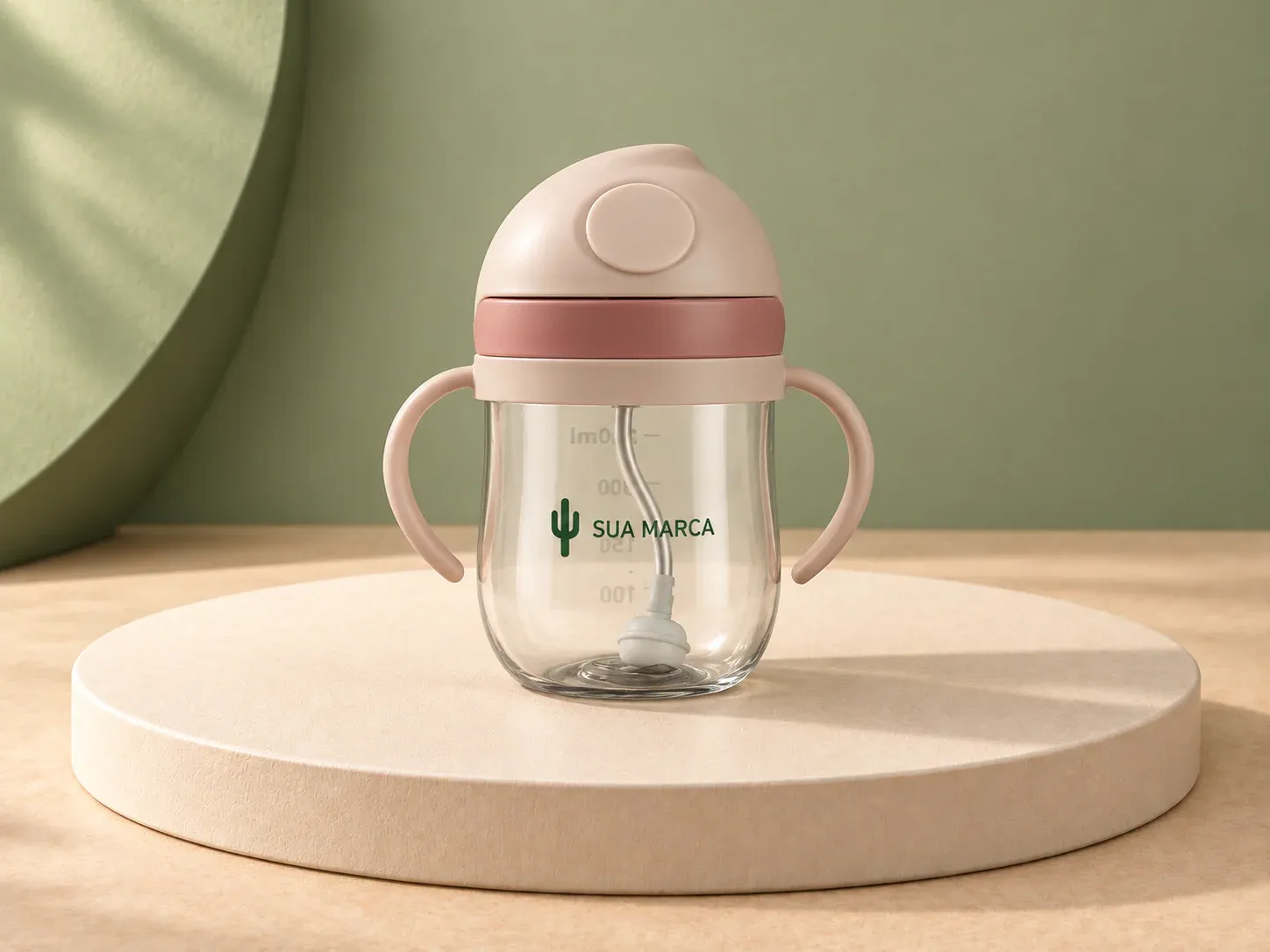 Copo de transição infantil 350 ml, com exemplo de personalização colorida: um cacto e o texto “SUA MARCA” impressos em cor