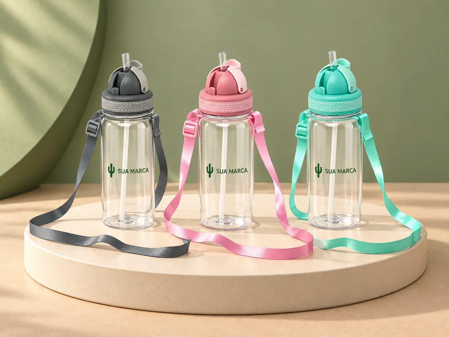 Squeeze plástico 420 ml, com exemplo de personalização colorida: um cacto e o texto “SUA MARCA” impressos em cor
