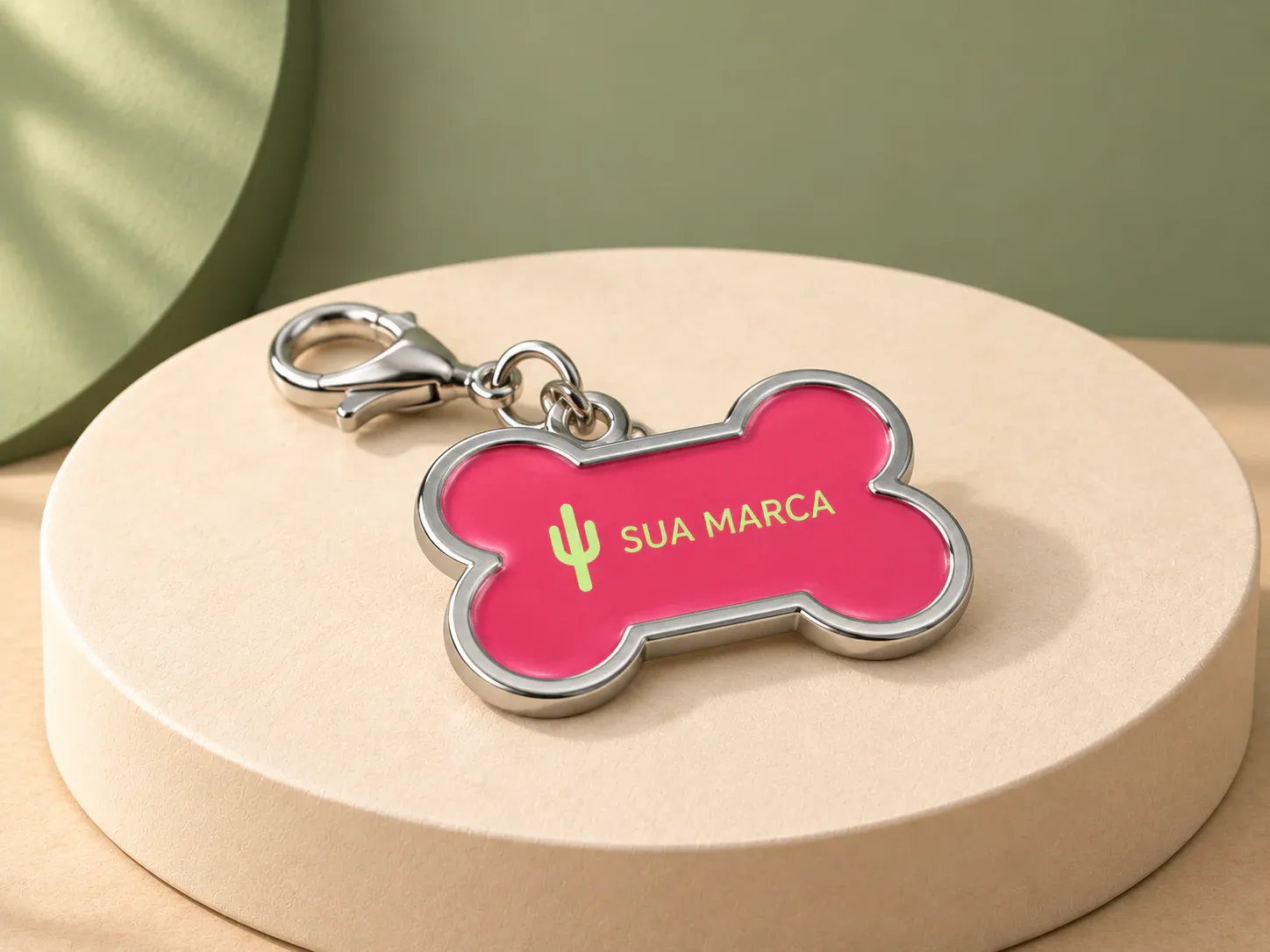 Chaveiro em formato de osso para pet, com exemplo de personalização colorida: um cacto e o texto “SUA MARCA” impressos em cor