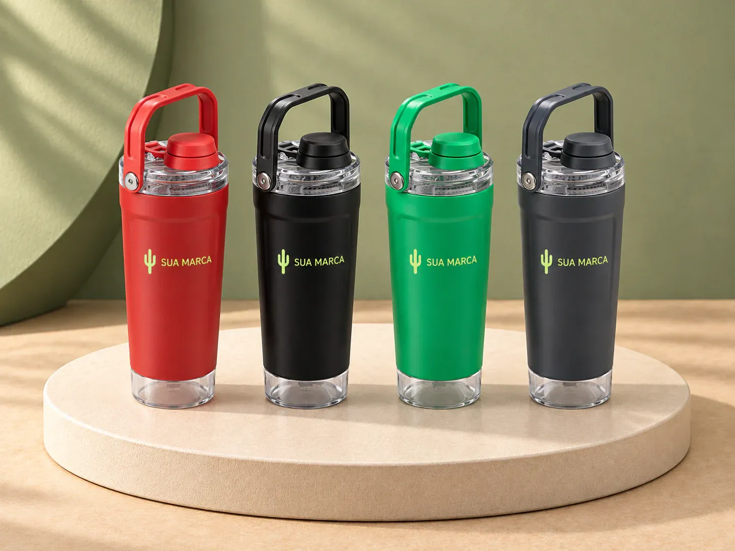 Coqueteleira térmica 650 ml, com exemplo de personalização colorida: um cacto e o texto “SUA MARCA” impressos em cor