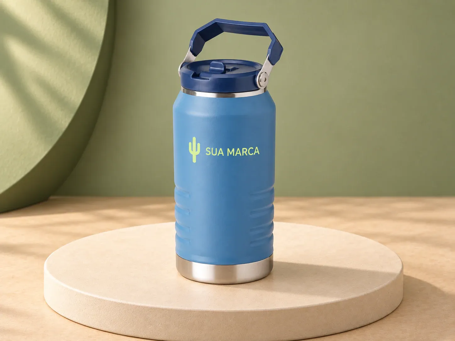 Garrafa térmica inox 1,1 L, com exemplo de personalização colorida: um cacto e o texto “SUA MARCA” impressos em cor