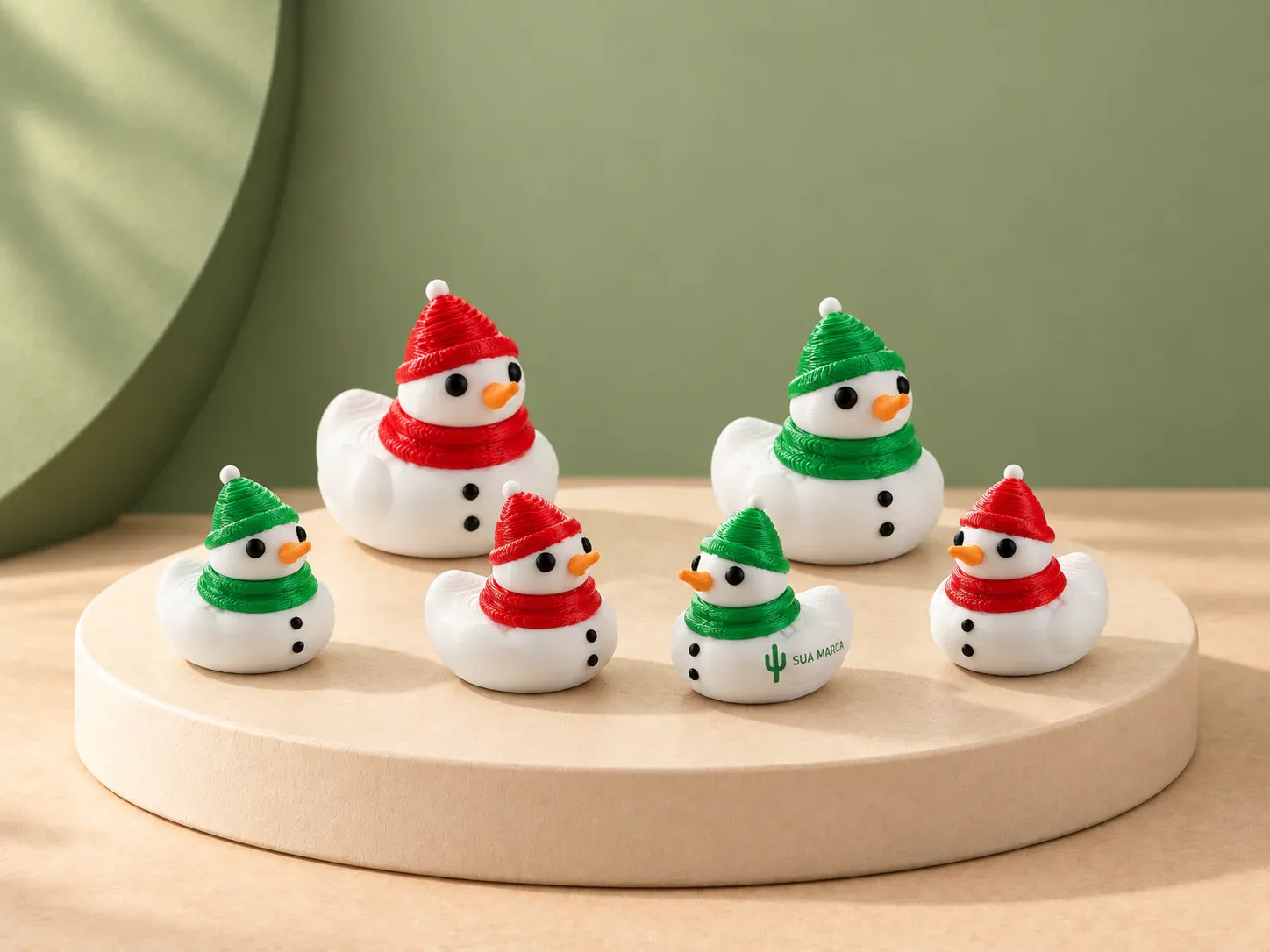 Boneco de neve em formato de pato, com exemplo de personalização colorida: um cacto e o texto “SUA MARCA” impressos em cor