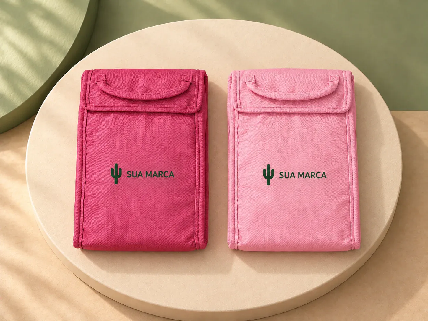Bolsa térmica dobrável em TNT 3 L, com exemplo de personalização colorida: um cacto e o texto “SUA MARCA” impressos em cor