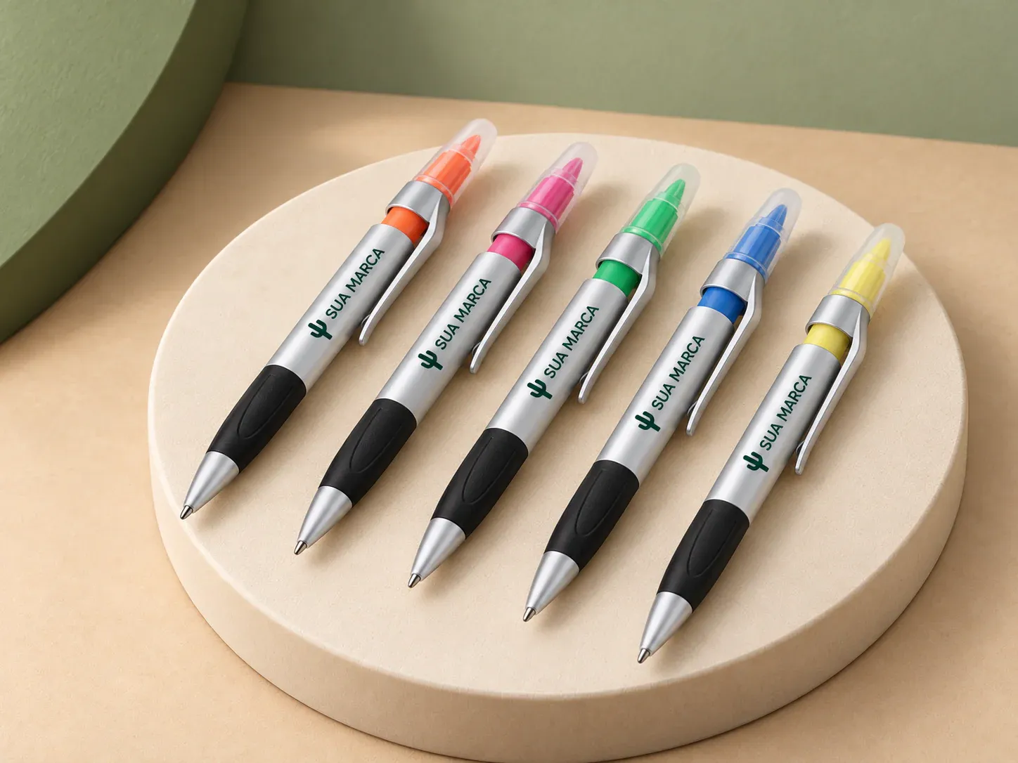 Caneta plástica marca texto, com exemplo de personalização colorida: um cacto e o texto “SUA MARCA” impressos em cor