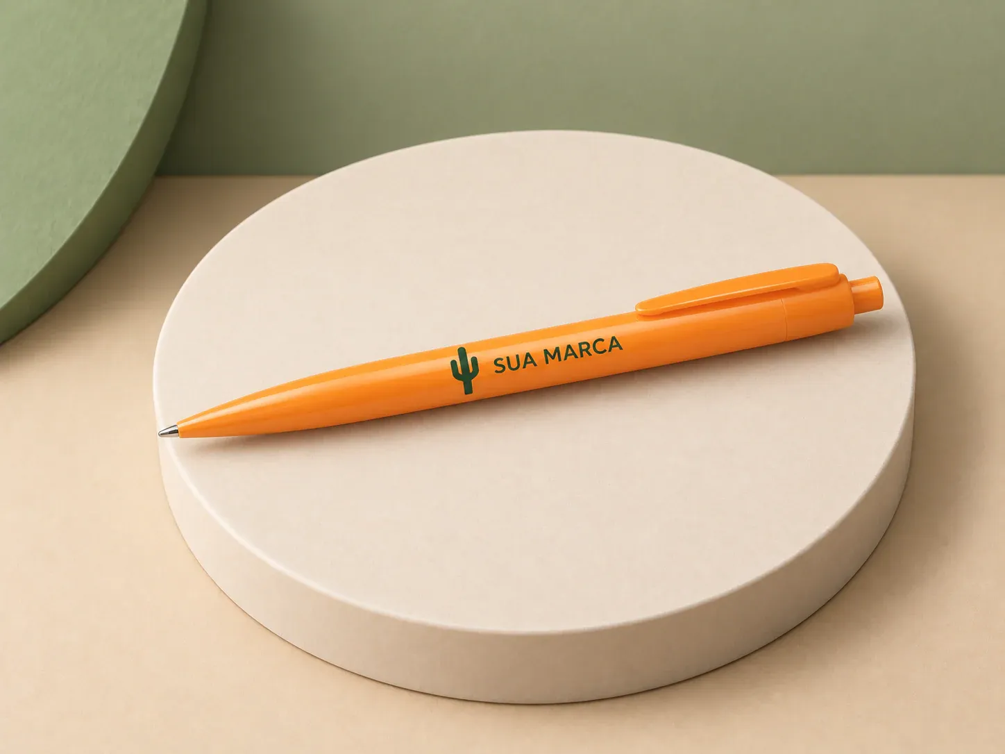 Caneta plástica, com exemplo de personalização colorida: um cacto e o texto “SUA MARCA” impressos em cor
