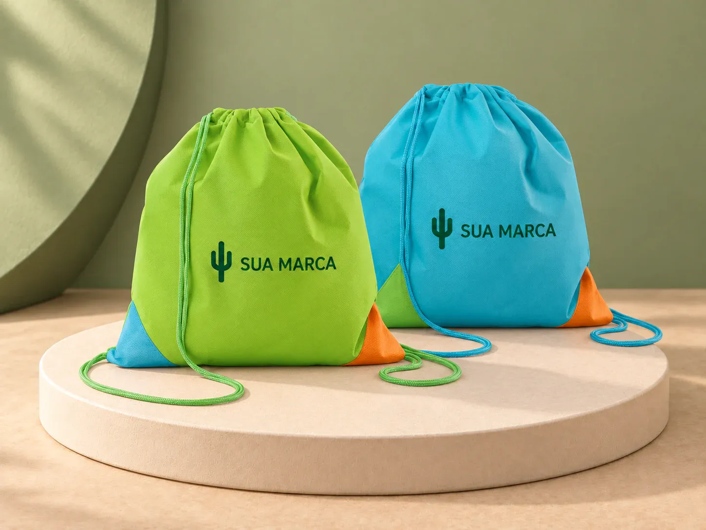 Sacola tipo mochila em non-woven, com exemplo de personalização colorida: um cacto e o texto “SUA MARCA” impressos em cor