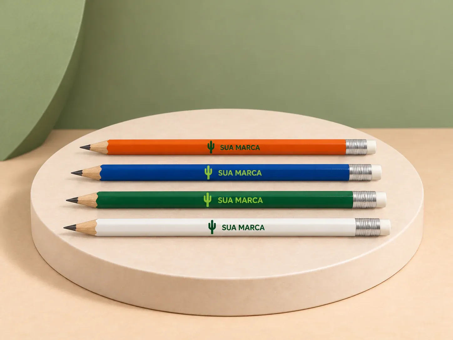Lápis com borracha, com exemplo de personalização colorida: um cacto e o texto “SUA MARCA” impressos em cor