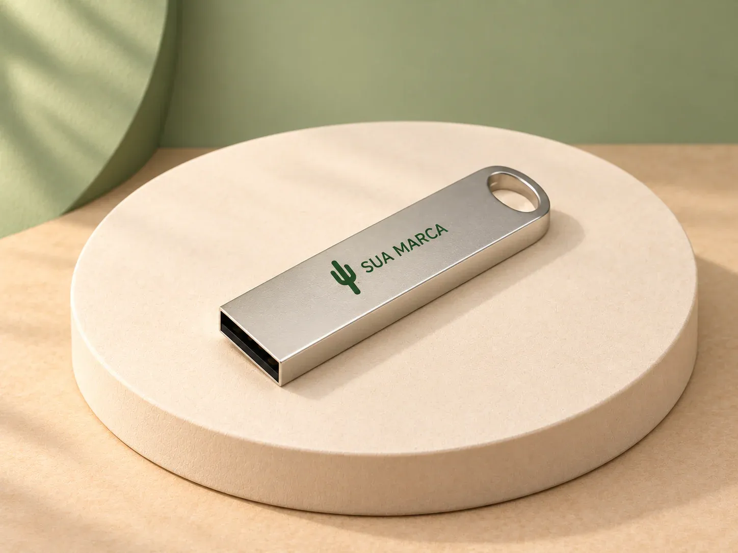 Pen drive slim 4 GB, com exemplo de personalização colorida: um cacto e o texto “SUA MARCA” impressos em cor