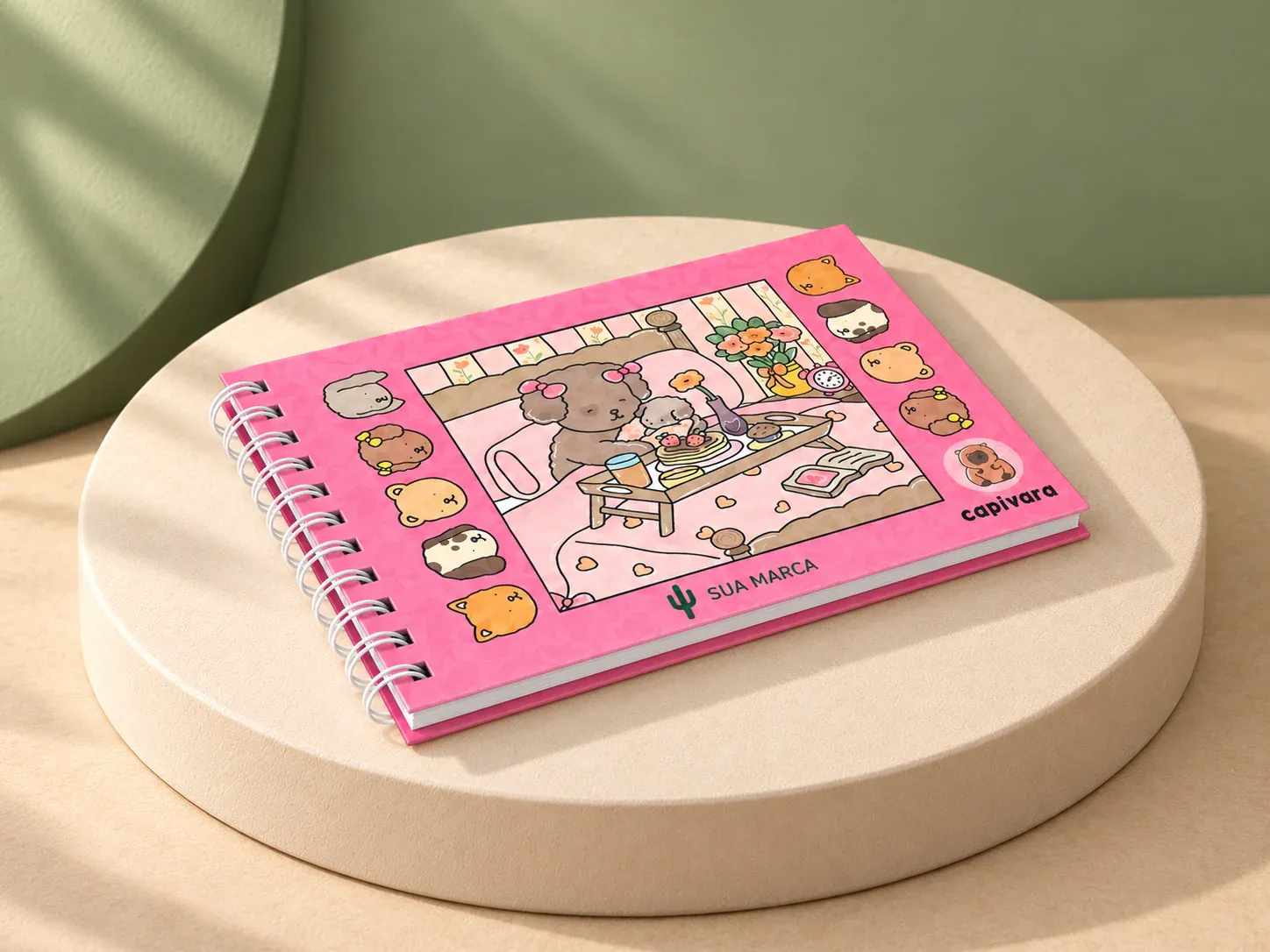 Caderno para colorir desenho animado, com exemplo de personalização colorida: um cacto e o texto “SUA MARCA” impressos em cor