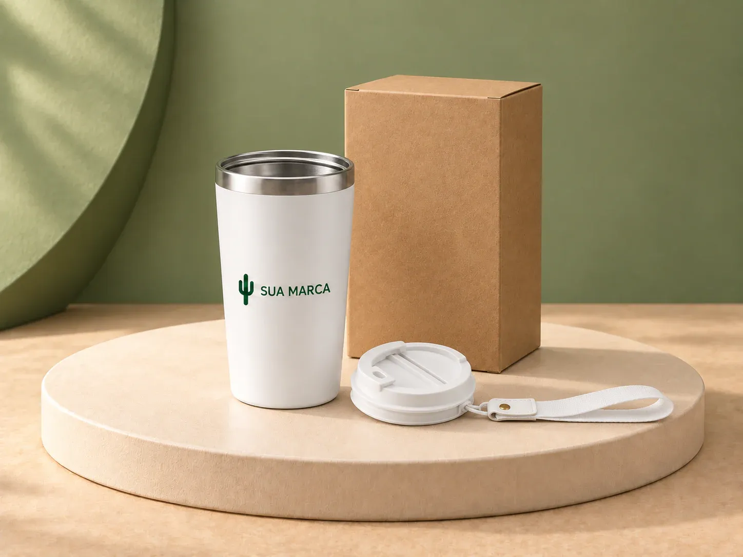 Copo de viagem em aço inox 460 ml, com exemplo de personalização colorida: um cacto e o texto “SUA MARCA” impressos em cor