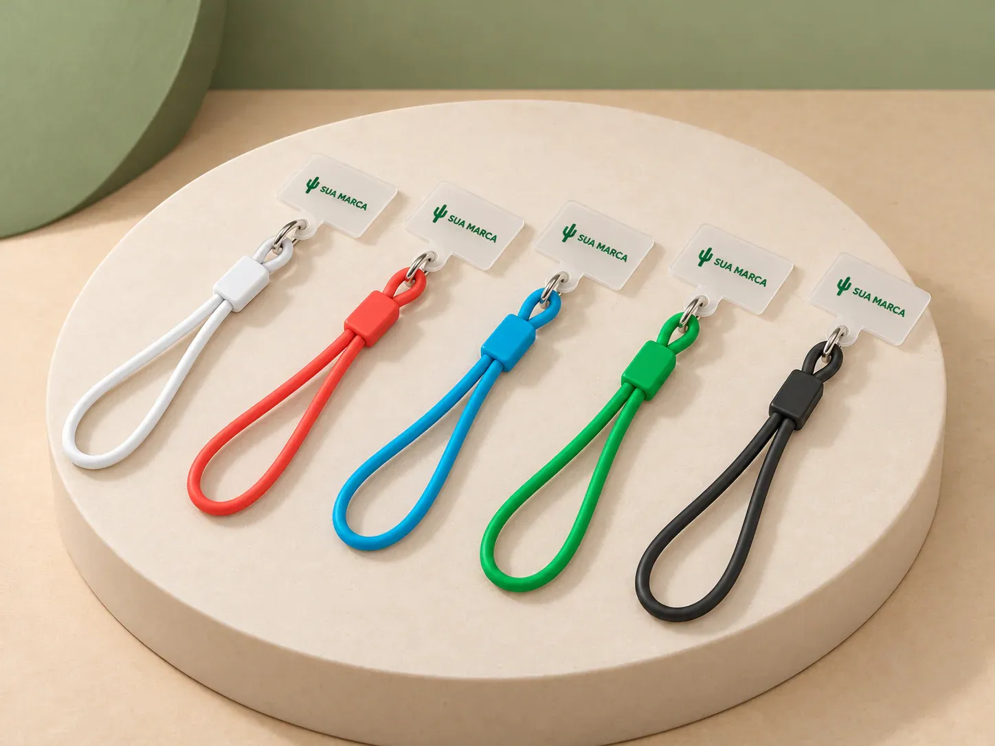 Pulseira antifurto para celular, com exemplo de personalização colorida: um cacto e o texto “SUA MARCA” impressos em cor