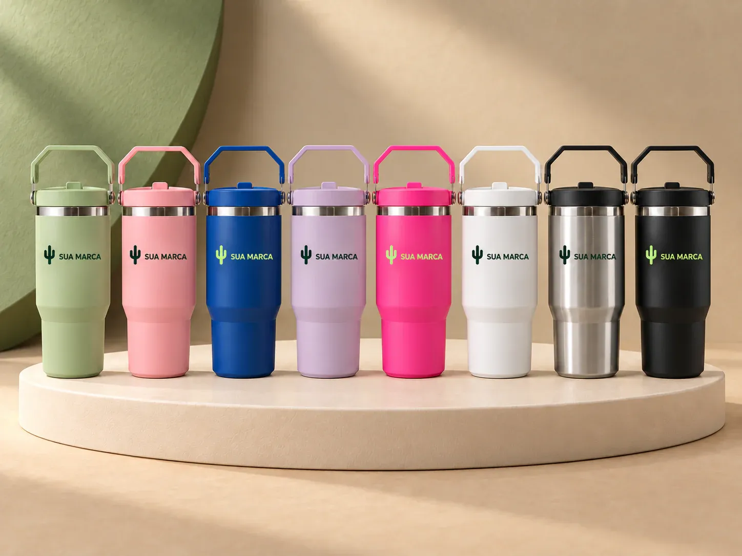 Copo térmico 800 ml, com exemplo de personalização colorida: um cacto e o texto “SUA MARCA” impressos em cor