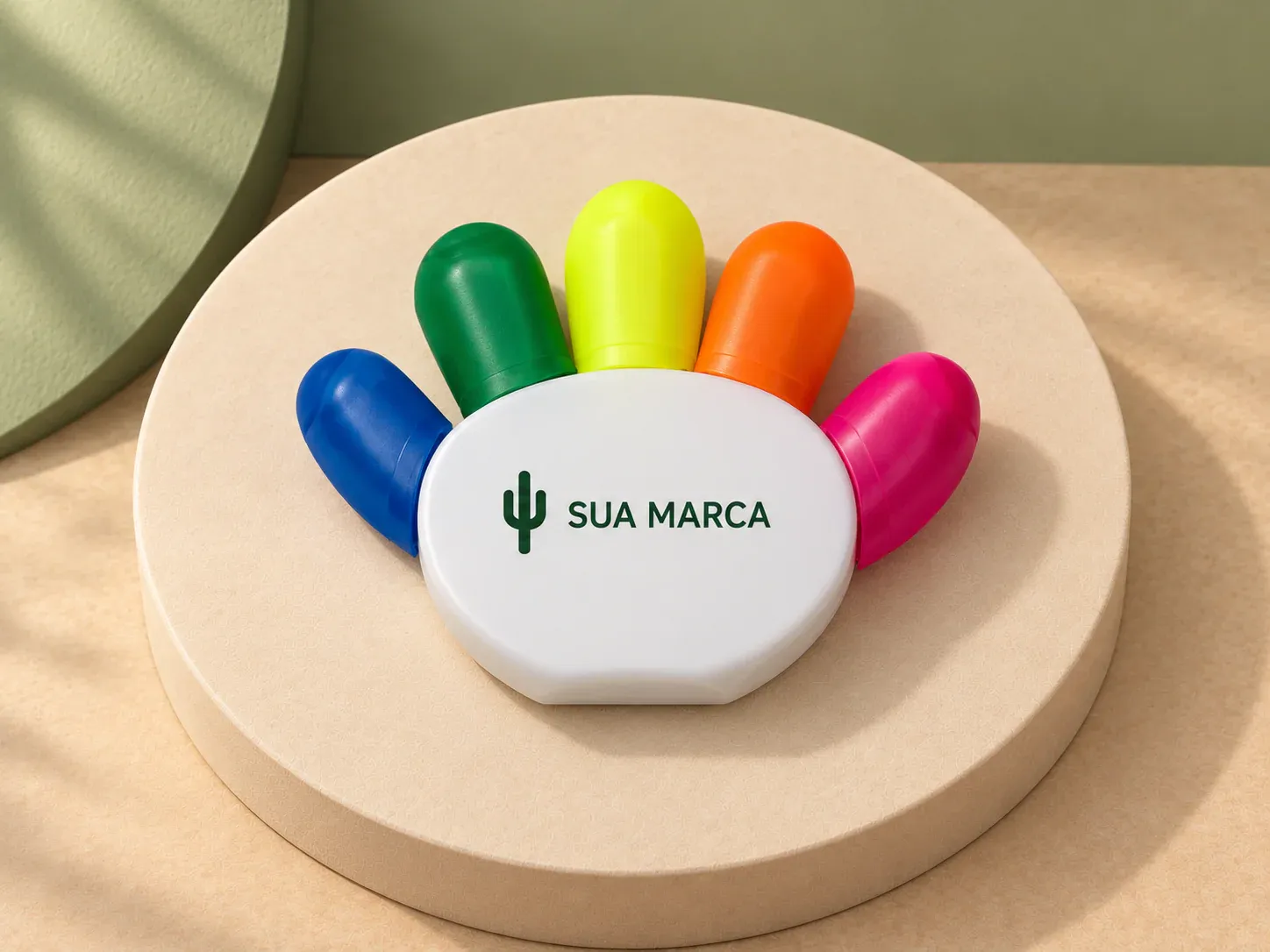 Marca texto, com exemplo de personalização colorida: um cacto e o texto “SUA MARCA” impressos em cor