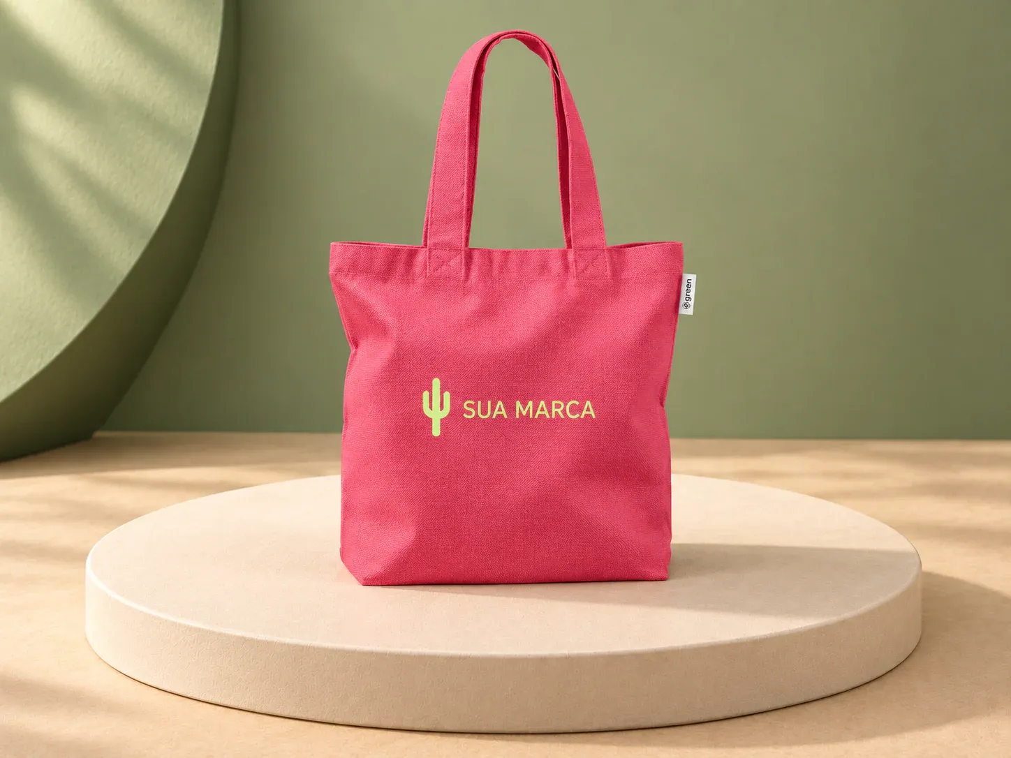 Sacola em algodão e poliéster reciclados 220 g/m², com exemplo de personalização colorida: um cacto e o texto “SUA MARCA” impressos em cor