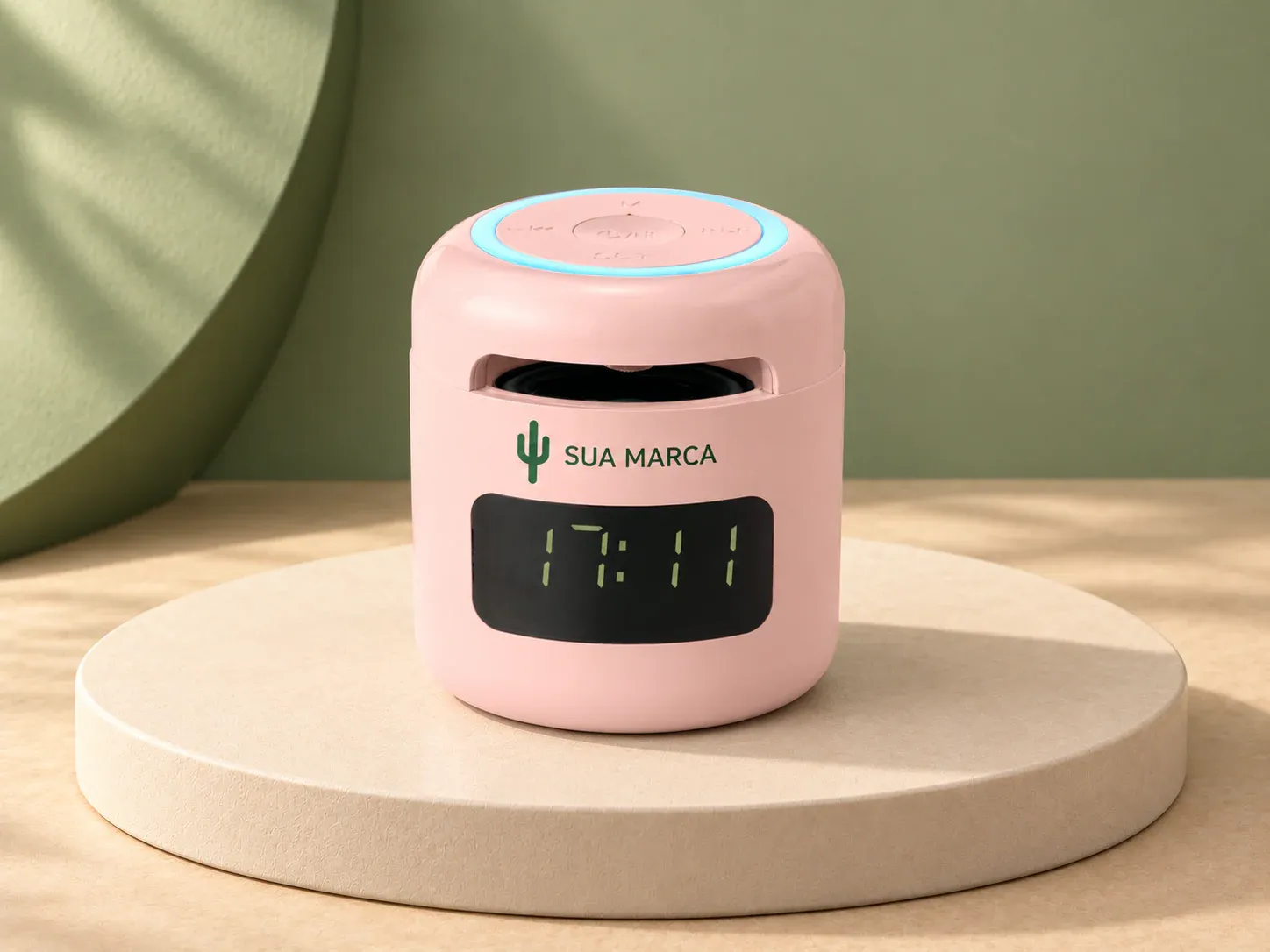 Caixa de som multimídia com relógio e display LED, com exemplo de personalização colorida: um cacto e o texto “SUA MARCA” impressos em cor