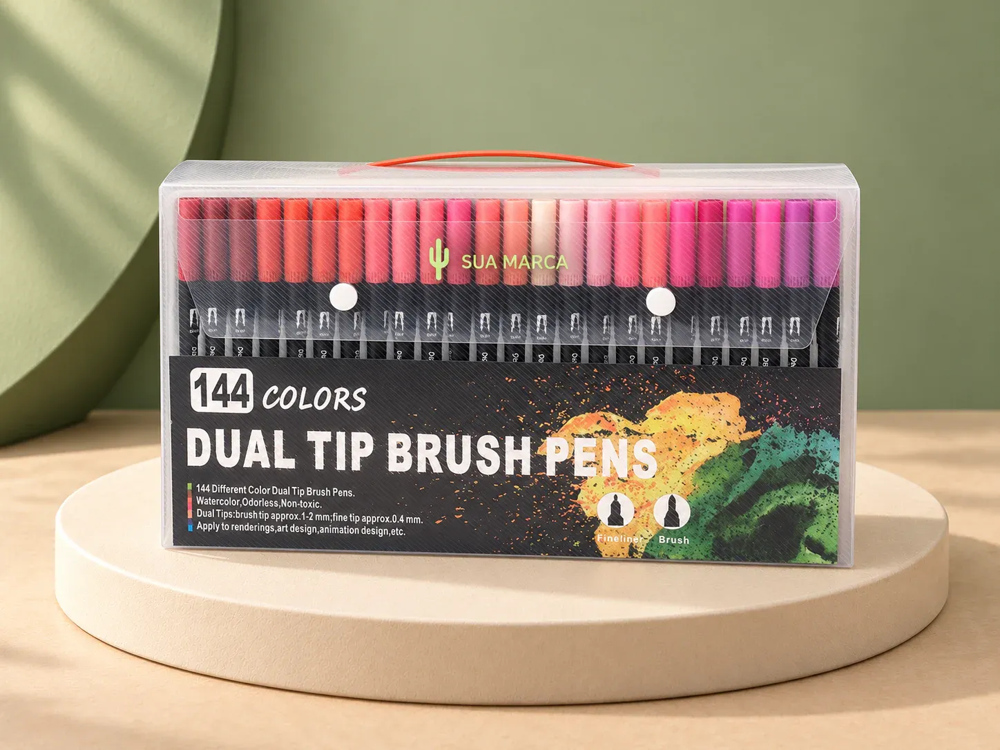 Kit canetinhas ponta dupla 144 cores, com exemplo de personalização colorida: um cacto e o texto “SUA MARCA” impressos em cor