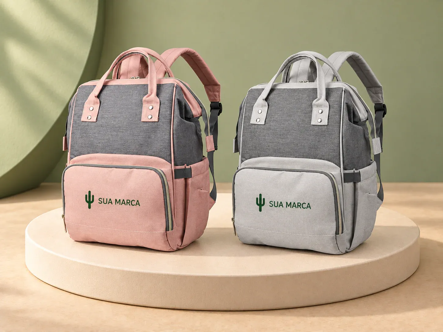 Mochila funcional poliéster 600D com múltiplas divisórias, com exemplo de personalização colorida: um cacto e o texto “SUA MARCA” impressos em cor