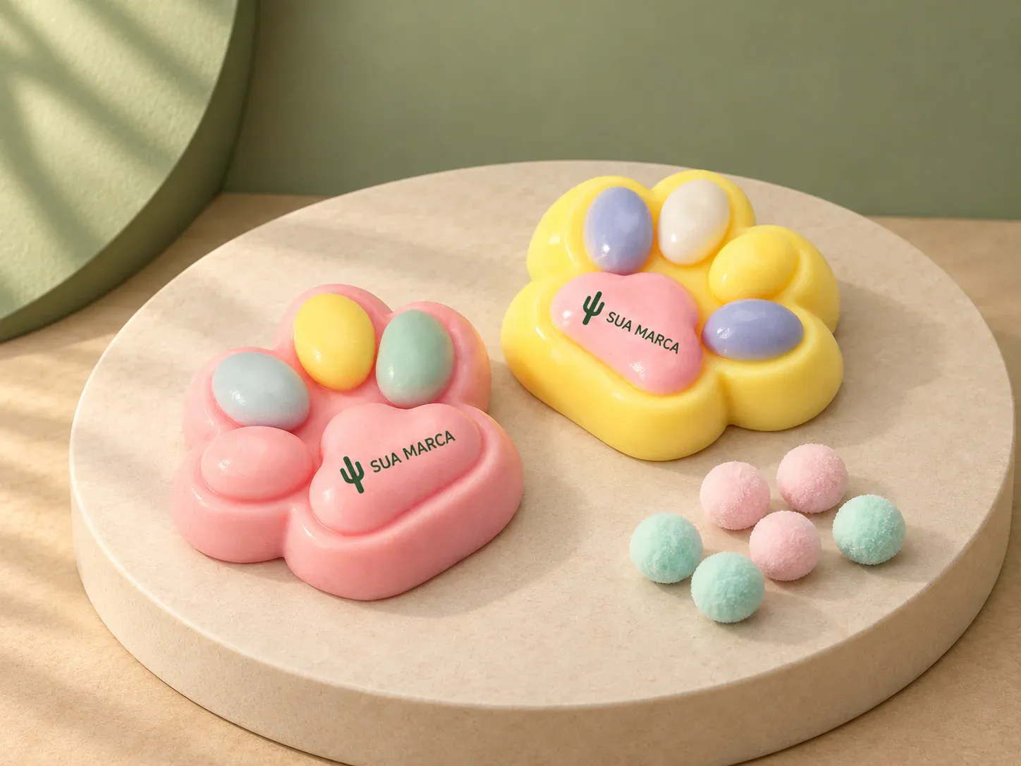 Brinquedo squishy antiestresse, com exemplo de personalização colorida: um cacto e o texto “SUA MARCA” impressos em cor