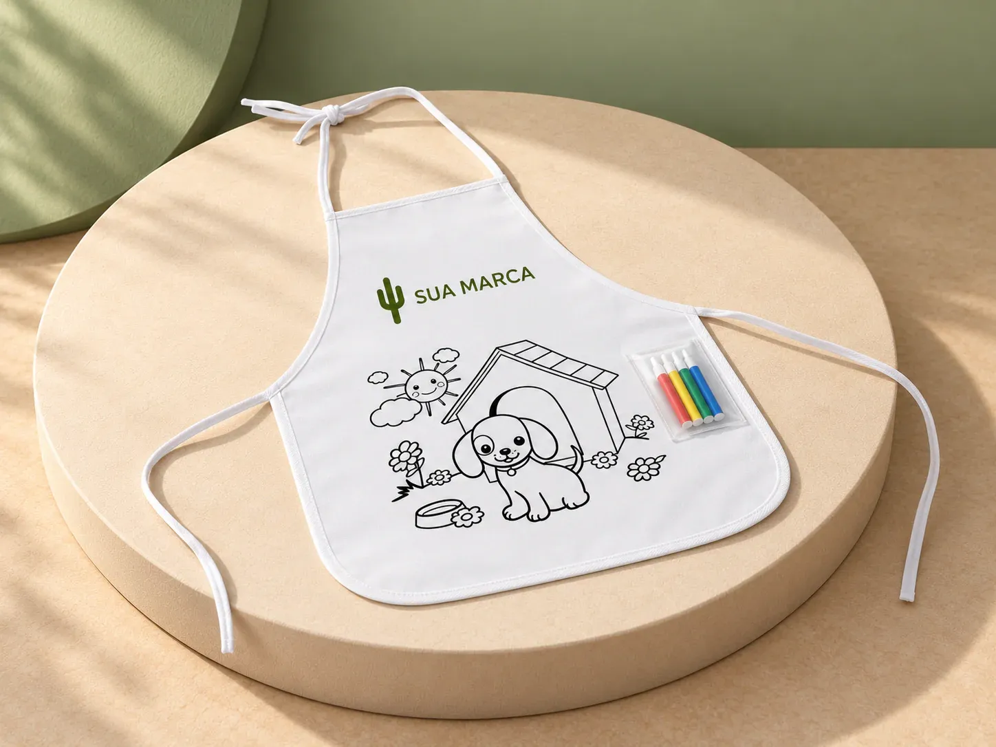 Avental infantil para colorir em non-woven, com exemplo de personalização colorida: um cacto e o texto “SUA MARCA” impressos em cor
