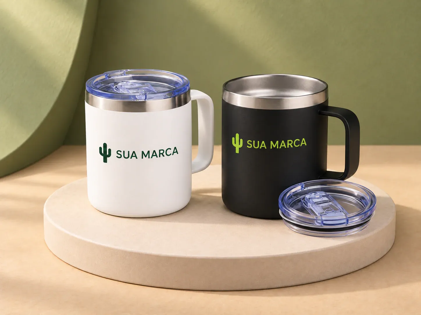 Caneca térmica 350 ml, com exemplo de personalização colorida: um cacto e o texto “SUA MARCA” impressos em cor