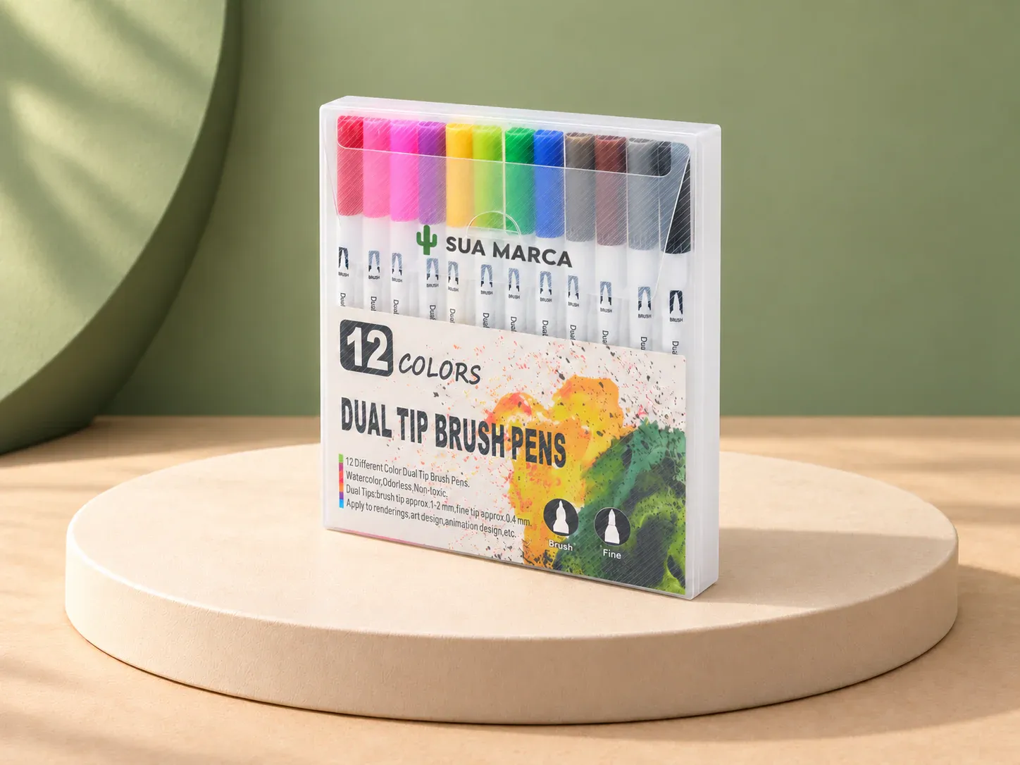 Kit canetinhas ponta dupla com 12 cores, com exemplo de personalização colorida: um cacto e o texto “SUA MARCA” impressos em cor