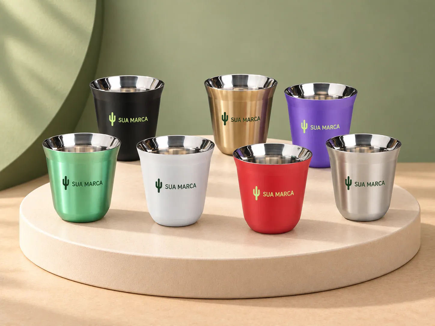 Copo inox parede dupla 150 ml, com exemplo de personalização colorida: um cacto e o texto “SUA MARCA” impressos em cor