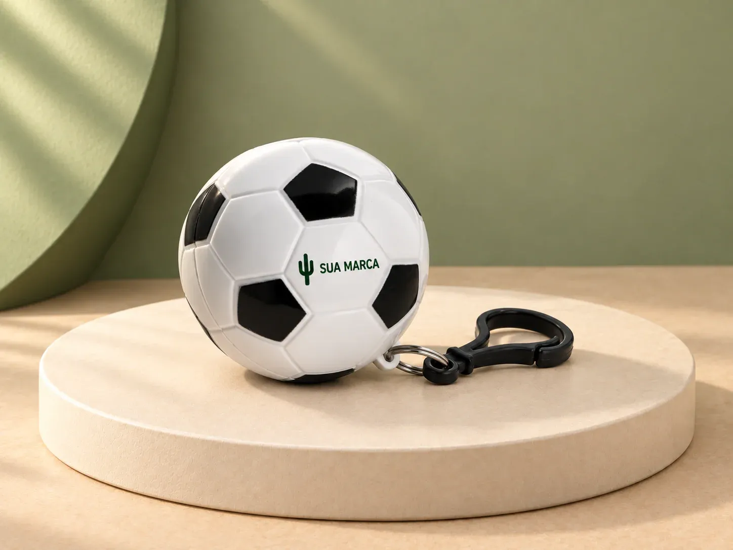 Capa de chuva em embalagem bola de futebol, com exemplo de personalização colorida: um cacto e o texto “SUA MARCA” impressos em cor