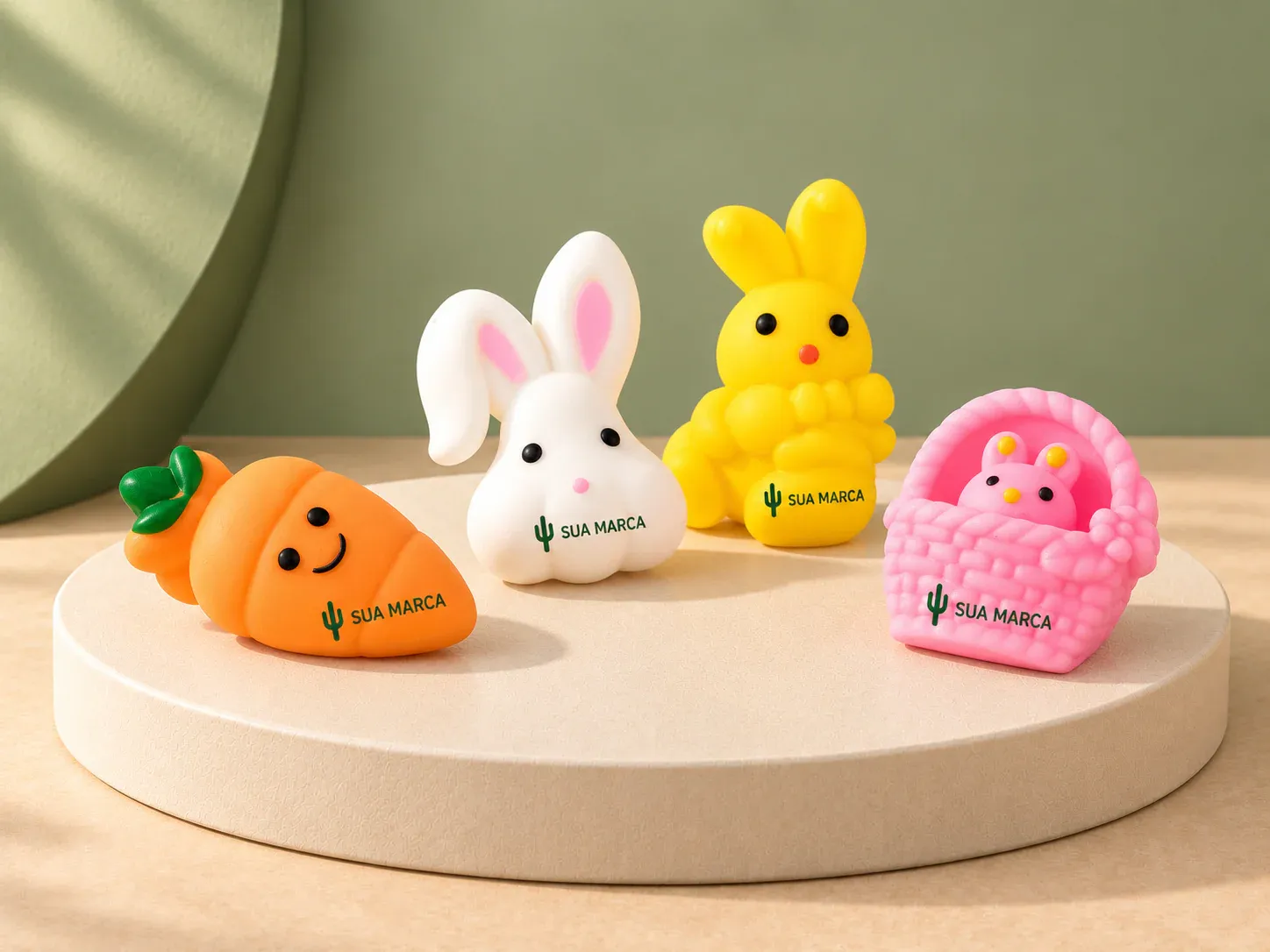 Kit squishy antiestresse 4 peças, com exemplo de personalização colorida: um cacto e o texto “SUA MARCA” impressos em cor