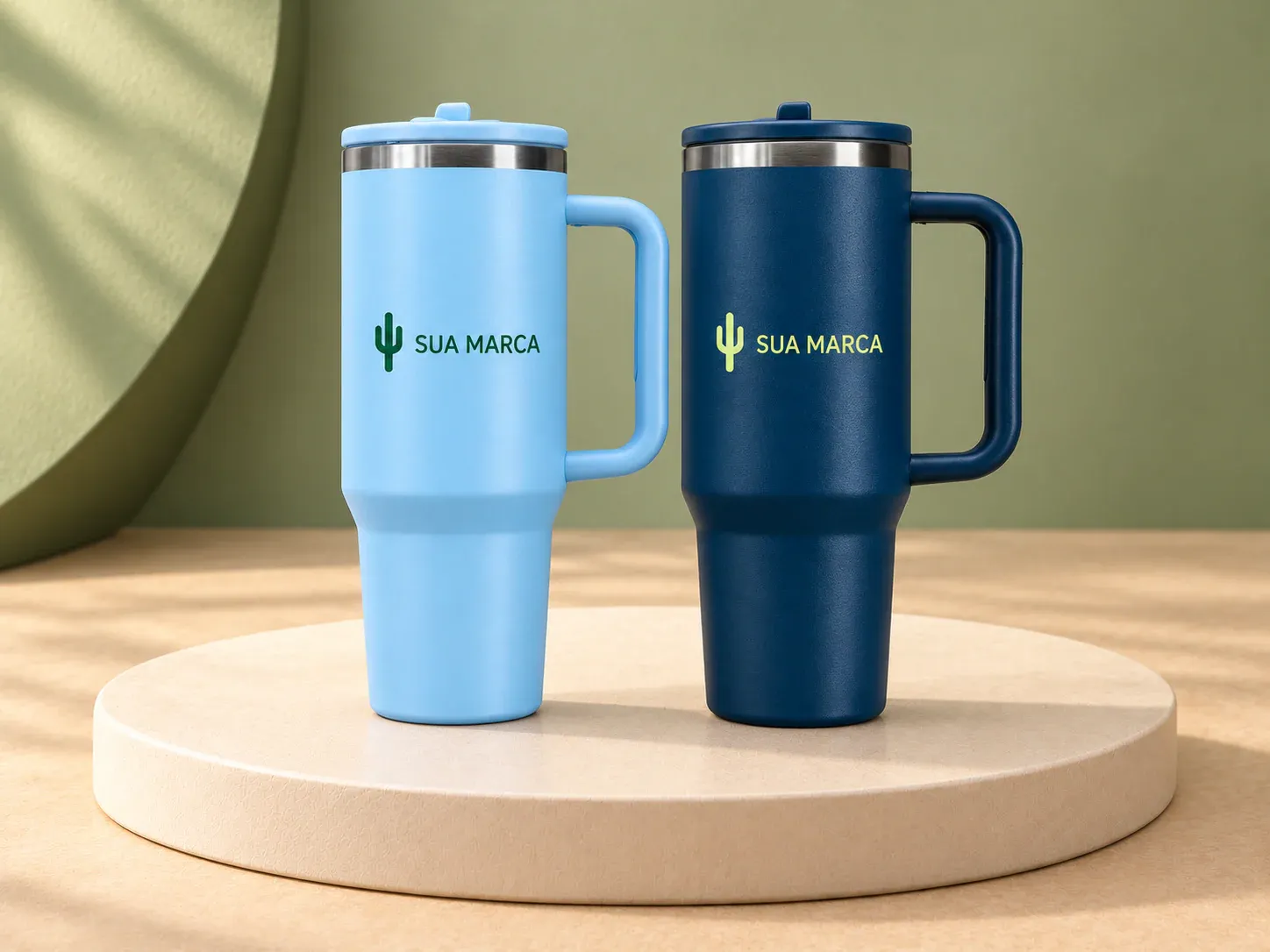 Caneca térmica em inox 1,2 L, com exemplo de personalização colorida: um cacto e o texto “SUA MARCA” impressos em cor