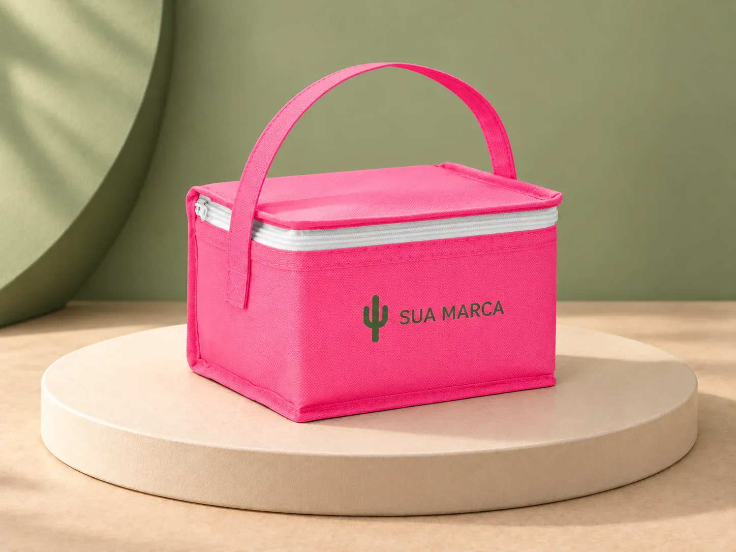 Cooler bolsa térmica em non-woven 3 L, com exemplo de personalização colorida: um cacto e o texto “SUA MARCA” impressos em cor