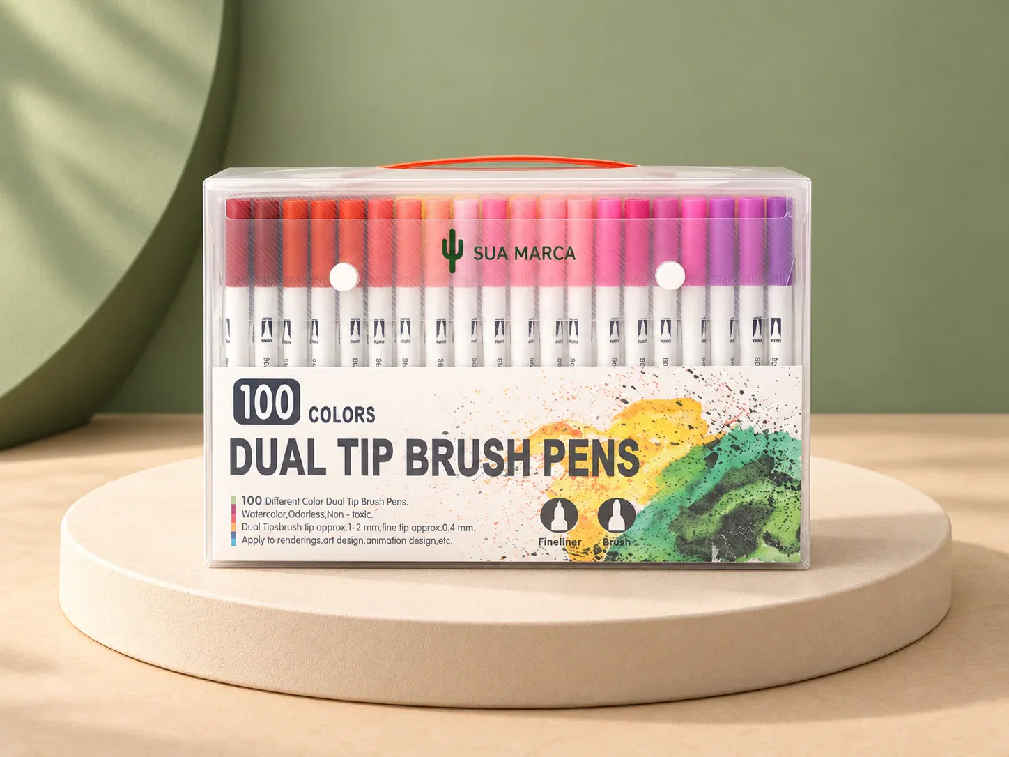 Kit canetinhas ponta dupla 100 cores, com exemplo de personalização colorida: um cacto e o texto “SUA MARCA” impressos em cor