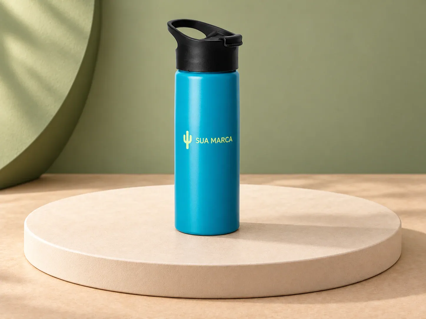 Squeeze de alumínio 750 ml com tampa protetora, com exemplo de personalização colorida: um cacto e o texto “SUA MARCA” impressos em cor