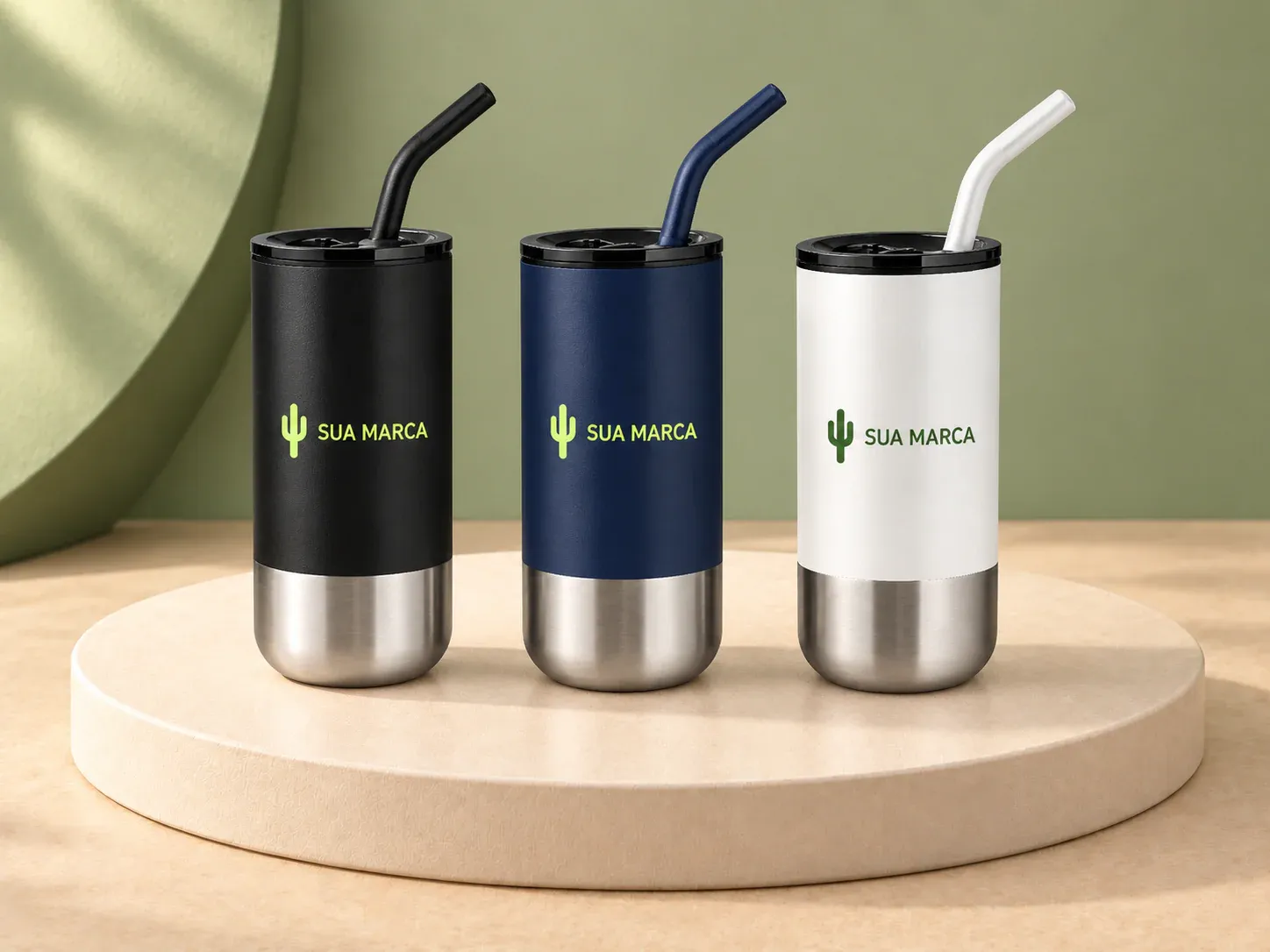 Copo inox com canudo 500 ml, com exemplo de personalização colorida: um cacto e o texto “SUA MARCA” impressos em cor