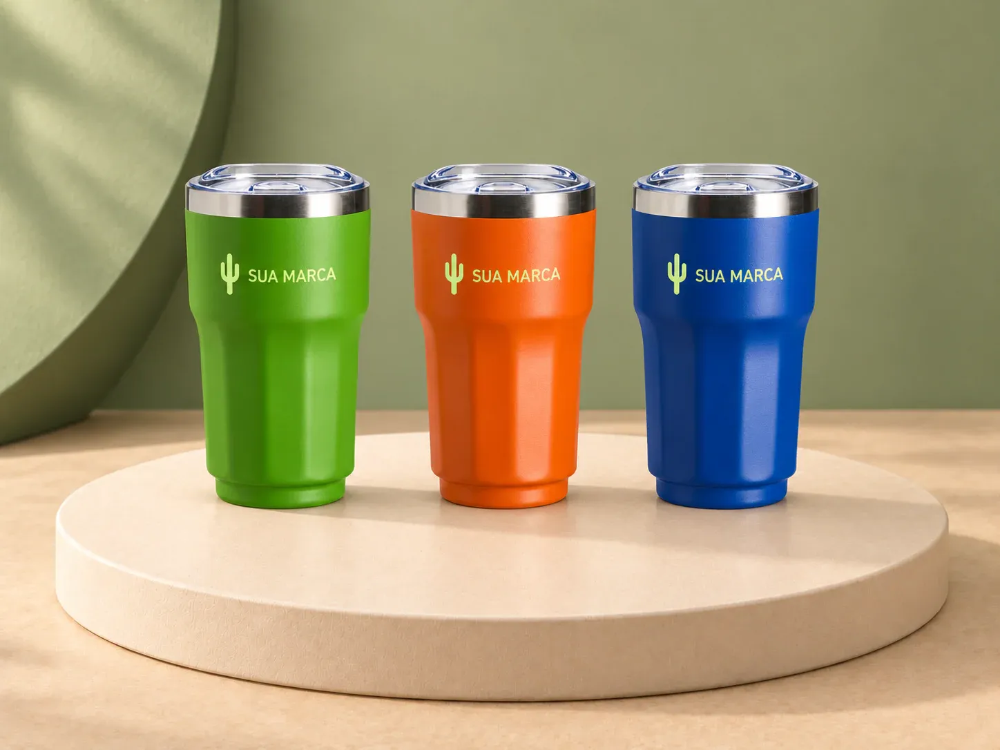 Copo térmico 300 ml, com exemplo de personalização colorida: um cacto e o texto “SUA MARCA” impressos em cor